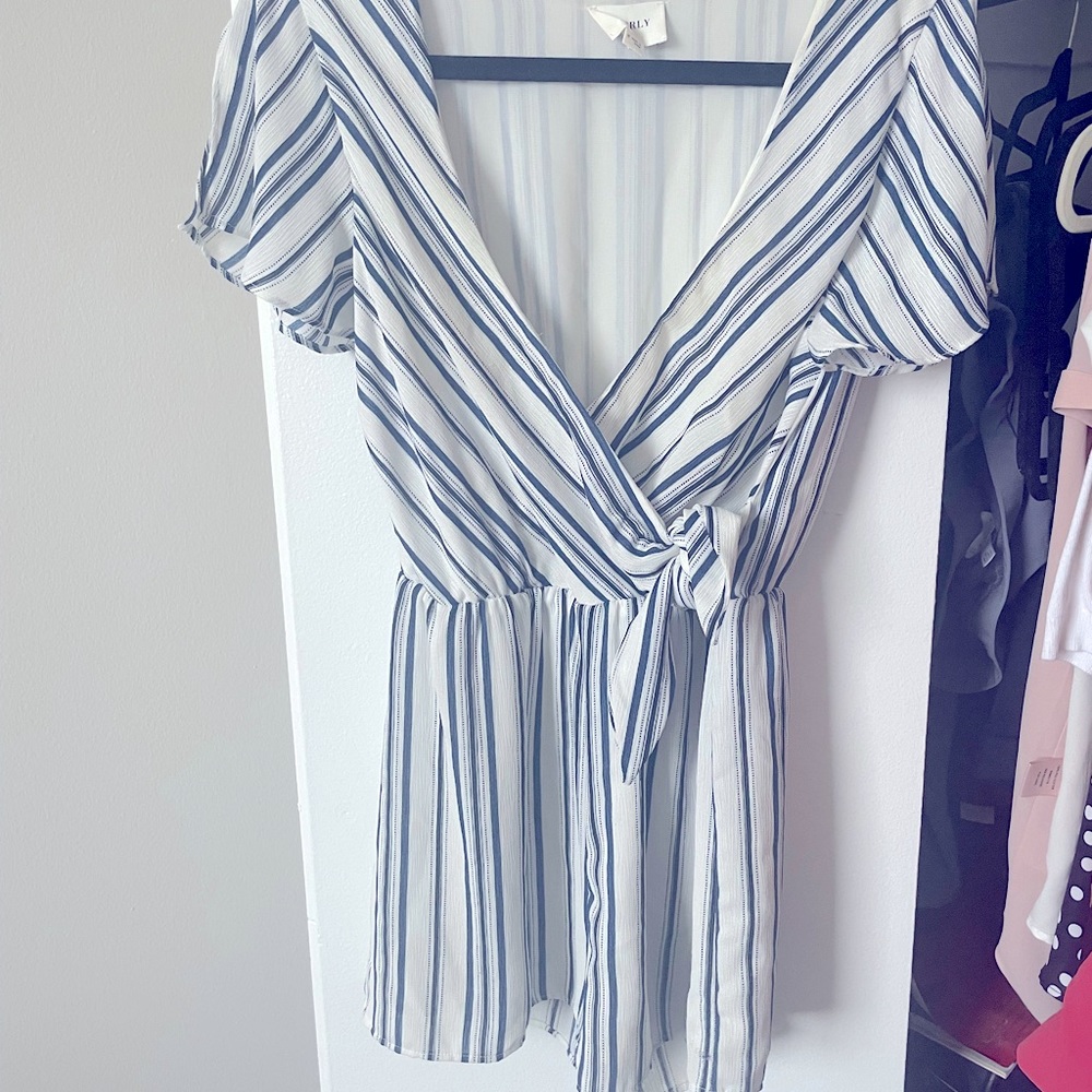 Everly Blue and White Striped Front Tie Romper